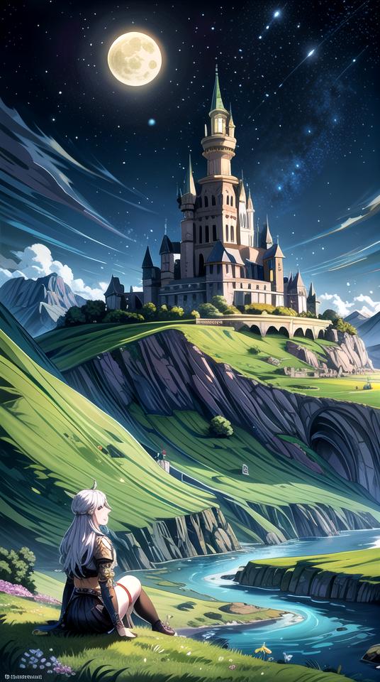 A woman sitting on a hill looking at a castle in the sky - SeaArt AI