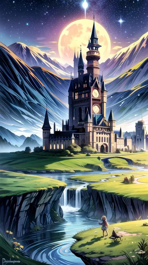 castle in grass field, mountain, spring, river, moon, galaxy, advntr, night time, <lora:add_detail:1>,, (masterpiece), (best quality),