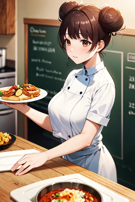 masterpiece,best quality, highres, aanene, short hair, double bun, <lora:fujinoki_nene_v1:0.7>, chef uniform, kitchen,