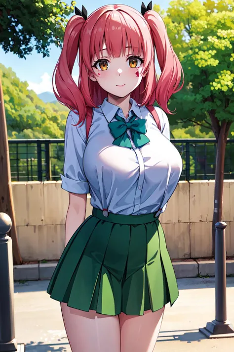 masterpiece, best quality, 1 woman, Itsuki Nakano, alone, skirt, green skirt, blue eyes, red hair, long hair, star (symbol), chest, shirt, blush, star headdress, Ahoge, headdress, white shirt, huge chest, large chest, looking at viewer, short sleeve, forehead, laugh, red sweater, sweater vest, pleated skirt, collared shirt, , hair between eyes, cowboy shot, seat, outdoors, afternoon, tree, Cherry Blossom, skirt를 들추며 음부를 보여줍니다,큰 chest,big tits,chest골,spread your legs,bed,wet clothes,Masturbating while rubbing one's vagina with one's hand to reach climax,drooling,chest골,Heart,long hair,blush,chest골,cardigan,NSFW,leaking semen,dildo,:D,dark purple hair girl,sisters덮밥,sisters,nipple