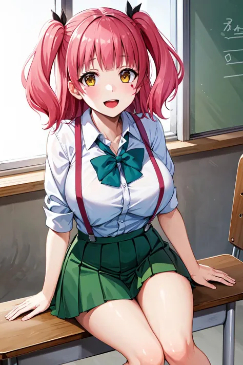one girl,full body figure,big boobs,big boobs,Perfect five-finger、mini skirt、I can see white panties、whitepanty、shy face、Voluptuous legs、perfect thing、highest quality、big breasts、detailed description、small details、detailed face、white skin、Nino Nakano、pink heir、butterfly heir ornament、The Bride of Fifths、school uniform、white shirt、summer clothes、green skirt、white thihhighs、lift skirt、Skirt flip、classroom