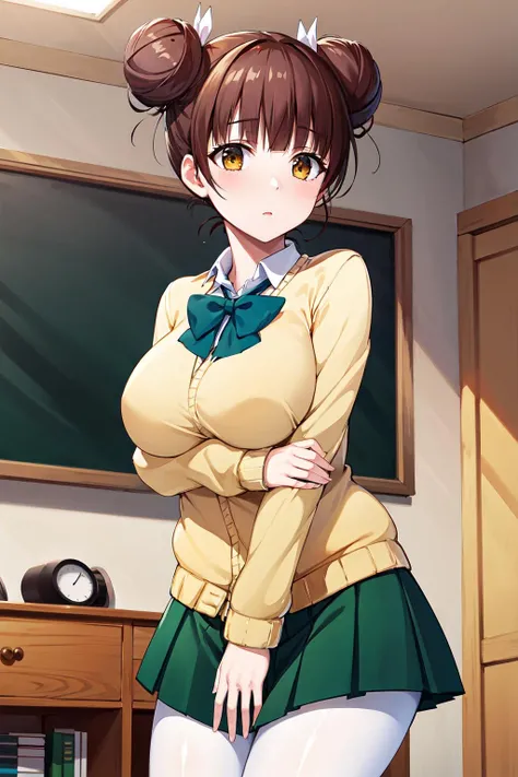 ((NSFW:1.7、realisitic))、1girl in, (light brown hair、Green Hair Ribbon),  ((Female Student Uniforms)),  Look at viewers, Young Face、Naughty look, (( Opening legs、Open your legs、Crotch main、After Cum Inside)),Large breasts,Putting out the chest、on desk