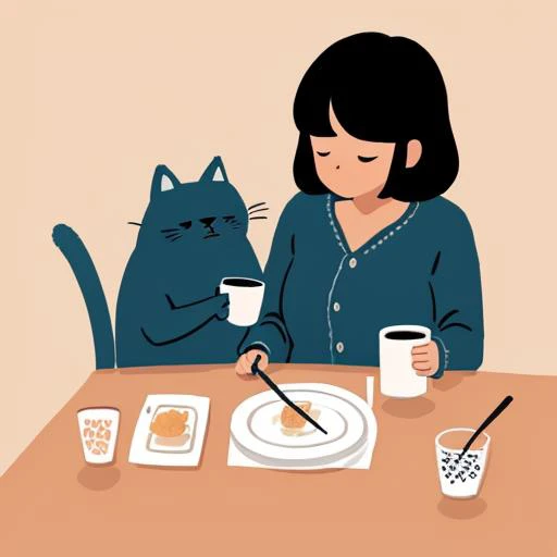 masterpiece, best quality,
paint,illustration,
style2,solo,simple background,
a woman sitting at a table with a cat and a cup of coffee in front of her,
<lora:Inset-V1.2:0.6>, <lora:Inset-V1.1:0.6>