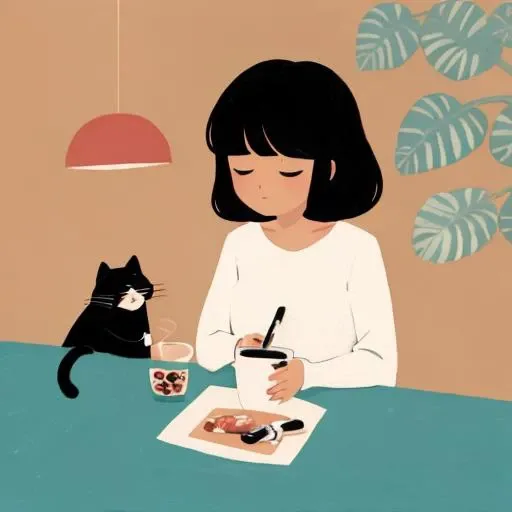 masterpiece, best quality,
paint,illustration,
style2,solo,simple background,
a woman sitting at a table with a cat and a cup of coffee in front of her
<lora:Inset-V1.2:0.6>, <lora:Inset-V1.1:0.6>