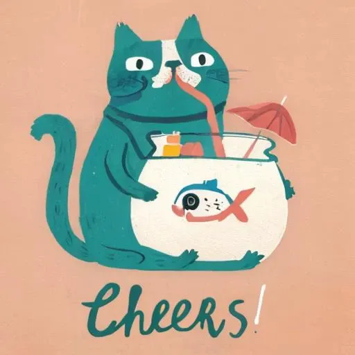 masterpiece, best quality,
style2,simple background,
a cat sitting on top of a fish bowl with a umbrella in it's mouth and cheers written on the bottom,
<lora:Inset-V1.1:1>,