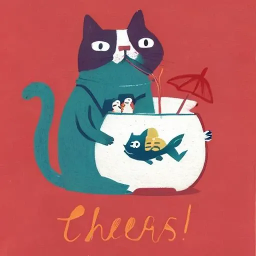 masterpiece, best quality,
style2,simple background,
a cat sitting on top of a fish bowl with a umbrella in it's mouth and cheers written on the bottom,
<lora:Inset-V1.1:1>,