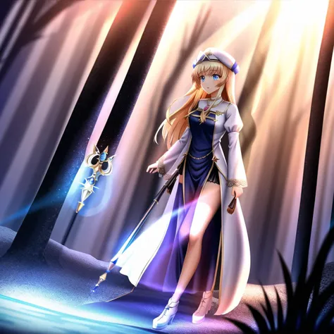 <lora:onna_shinkan:1>, masterpiece,best quality, full body, 1girl, solo,reality ray tracing, beautiful scared face,standing, Priestess,Priestess's Style,barely visible chain mail, staff in hand, rays of sunlight