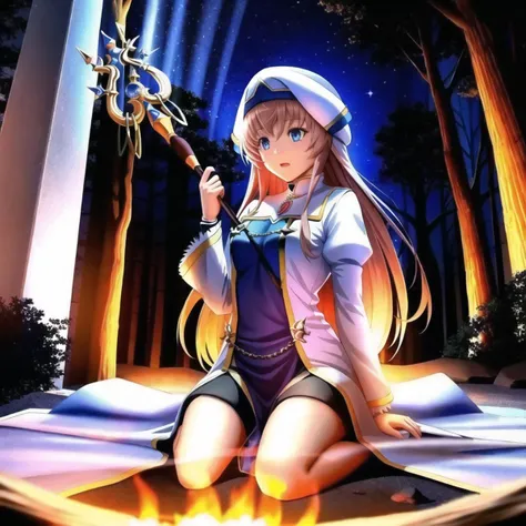 <lora:onna_shinkan:1.1>, masterpiece,best quality, full body, 1girl, solo, reality ray tracing, beautiful scared face,sitting, campfire,Priestess,Priestess's Style,barely visible chain mail, staff in hands, rays of moonlight