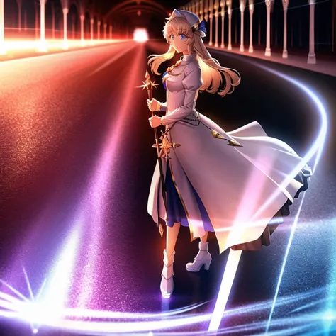<lora:onna_shinkan:1.1>, masterpiece,best quality, full body, 1girl, solo,reality ray tracing, beautiful scared face,standing, Priestess,Priestess's Style,barely visible chain mail, staff in hands, rays of sunlight