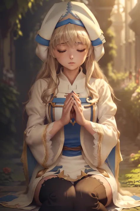 1 girl, goblin slayer, <lora:PriestessV1.0:1>, mature, petite, eyes closed, knee long hair (((priestess))), ((masterpiece, top quality, best quality, official art, beautiful and aesthetic:1.2), extreme detailed, colorful, highest detailed ((ultra-detailed)), (highly detailed CG illustration), ((an extremely delicate and beautiful)), cinematic light, garden, praying, head down