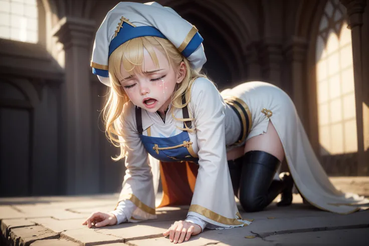 (64k, masterpiece:1.21), (best quality:1.21), (an extremely delicate and beautiful), ((Hasselblad photography)), (realistic, photo-realistic:1.3),(UHD), high res,HDR, cinematic lighting, highly detailed, highly detailed background, perspective, bokeh, depth of field, ray tracing, professional,RAW photo, subsurface scattering, PBR texturing, post-processing, anisotropic filtering, maximum clarity and sharpness, multi-layered textures, albedo and specular maps, surface shading, accurate simulation of light-material interaction, perfect proportions, two-tone lighting, wide aperture, low ISO, white balance, rule of thirds, dynamic segmentation, best composition, best story expression, best visual expression, trending on instagram, (vivid color:1.31), analog,
(1girl:1.5), solo, cute, realistic skin texture, ((light on face)), (focus on face), (sharp focus), nose blush, (beautiful detailed face:1.2), blush, (beautiful perfect eyes), perfect skin,looking at viewer, (young girl:1.3), (small face:1.2), (thick thighs:1.2), (full body),
<lora:PriestessV1.0:1> , (Priestess:1.3),Priestess's Style,petite, (kneeling:1.2), golden hair, praying, holy light, church, eyes closed, (crying:1.4), (heavy breath:1.3), sad, all fours, angry,
<lora:envybetterhandsLocon_beta2:1>, nice hand