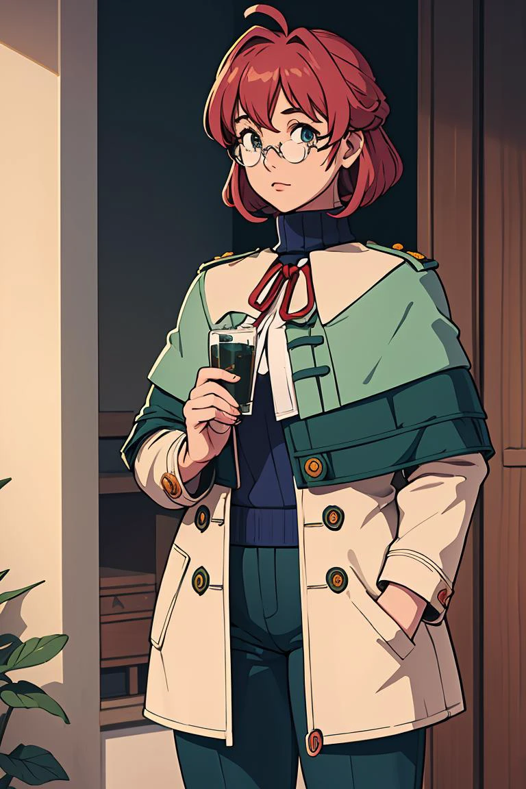 (masterpiece, best quality), 1girl, <lora:dorothy-nvwls-v1:0.8> dorothy hyatt, glasses, coat, blue turtleneck sweater, green pants