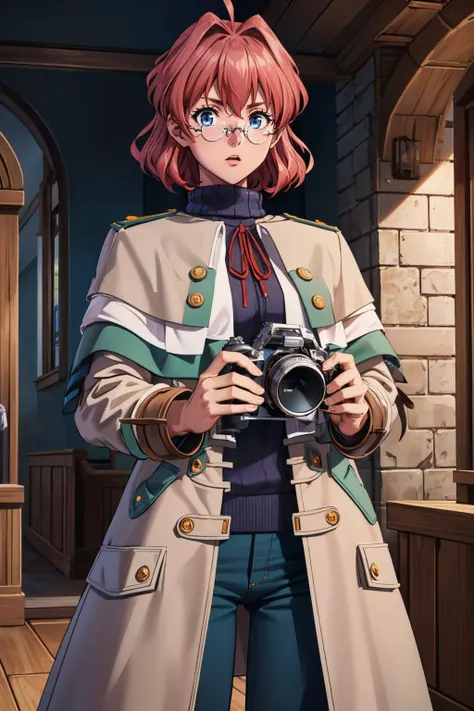 masterpiece, best quality, town, tripping, holding camera, shocked expression
 <lora:dorothy-nvwls-v1:1> dorothy hyatt, glasses, coat, blue turtleneck sweater, green pants