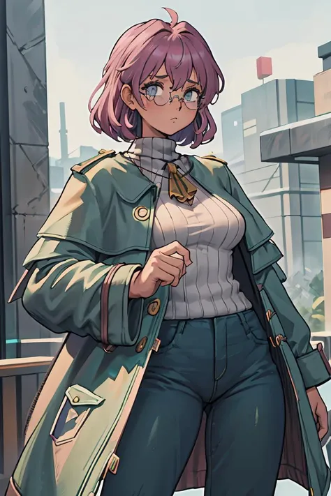 (masterpiece, best quality), 1girl,   <lora:dorothy-nvwls-v1:0.8> dorothy hyatt, glasses, coat, blue turtleneck sweater, green pants