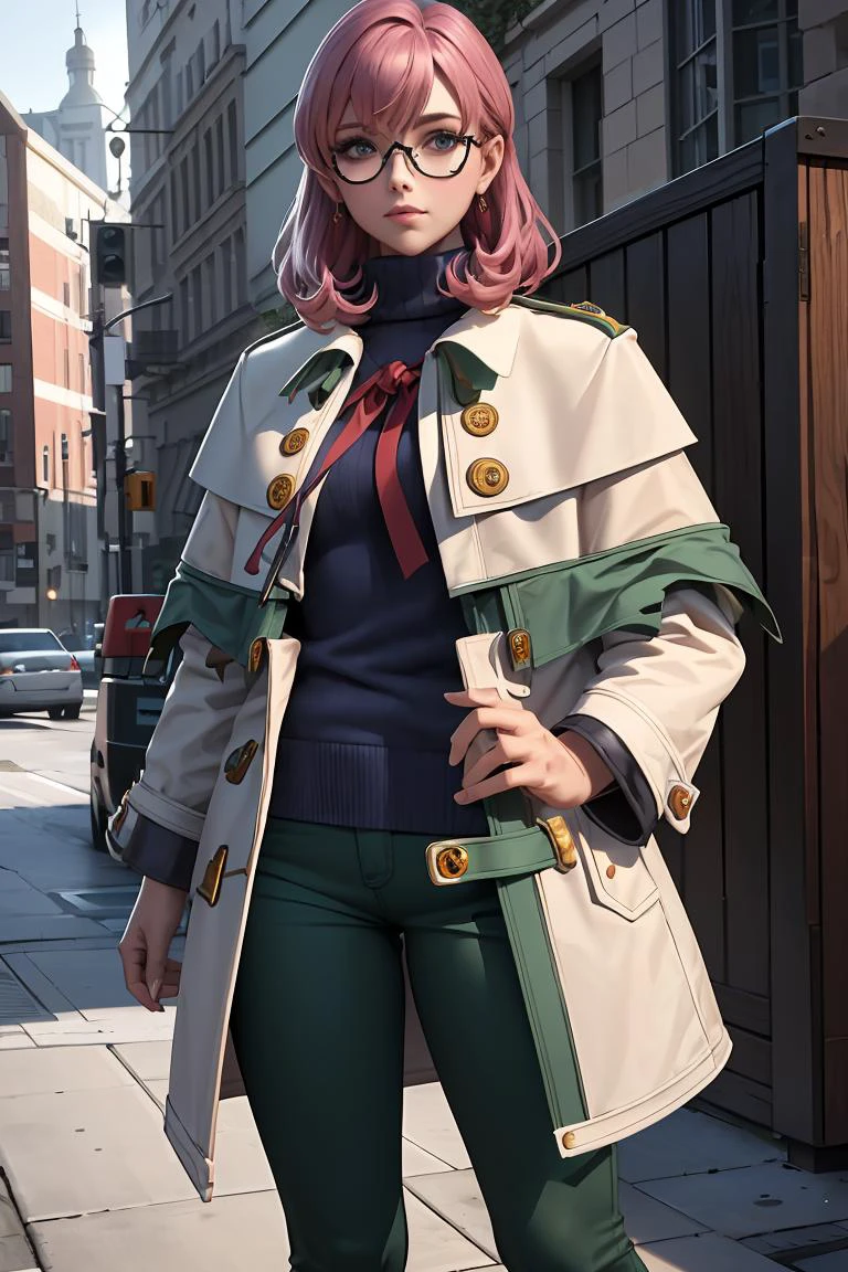 (masterpiece, best quality), 1girl, <lora:dorothy-nvwls-v1:0.8> dorothy hyatt, glasses, coat, blue turtleneck sweater, green pants
