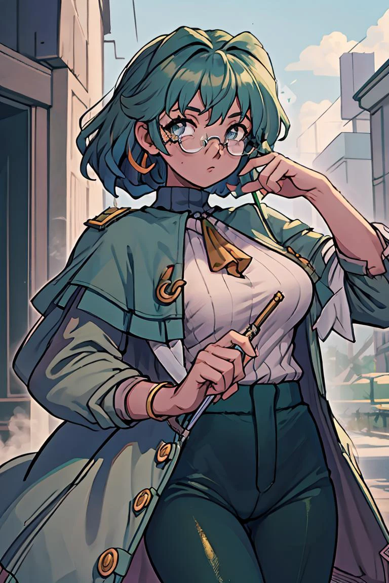 (masterpiece, best quality), 1girl, <lora:dorothy-nvwls-v1:0.8> dorothy hyatt, glasses, coat, blue turtleneck sweater, green pants