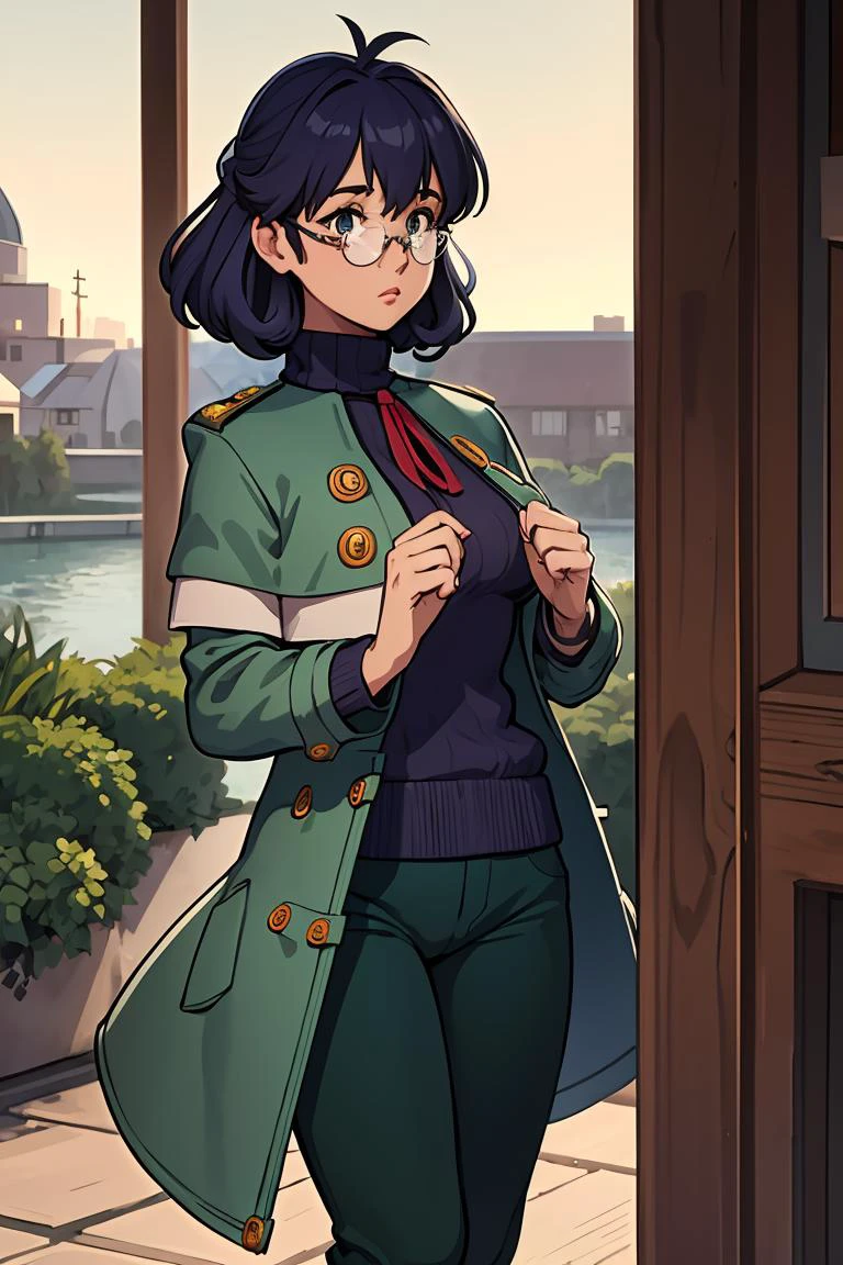 (masterpiece, best quality), 1girl, <lora:dorothy-nvwls-v1:0.8> dorothy hyatt, glasses, coat, blue turtleneck sweater, green pants