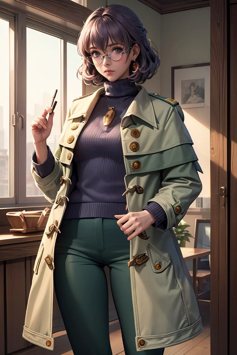 (masterpiece, best quality), 1girl, <lora:dorothy-nvwls-v1:0.8> dorothy hyatt, glasses, coat, blue turtleneck sweater, green pants