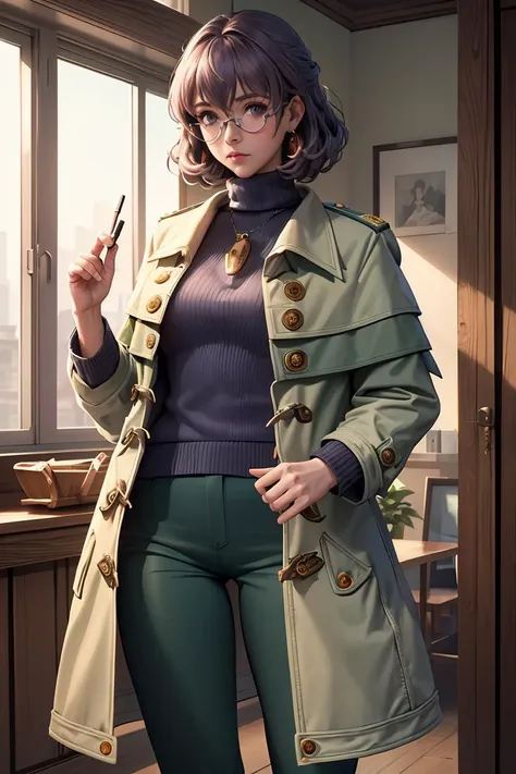 (masterpiece, best quality), 1girl,   <lora:dorothy-nvwls-v1:0.8> dorothy hyatt, glasses, coat, blue turtleneck sweater, green pants