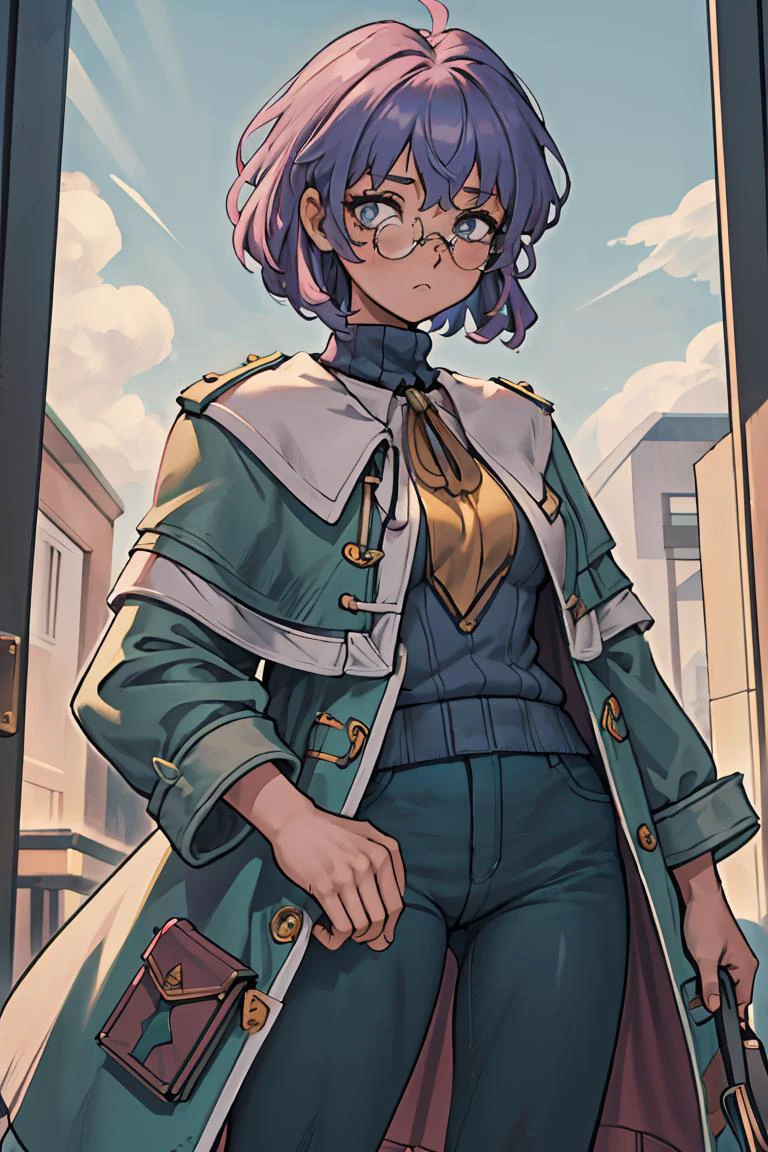 (masterpiece, best quality), 1girl, <lora:dorothy-nvwls-v1:0.8> dorothy hyatt, glasses, coat, blue turtleneck sweater, green pants