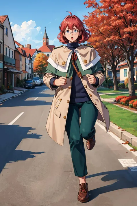 masterpiece, best quality, <lora:dorothy-nvwls-v1-000008:0.9> dorothy hyatt, glasses, coat, blue turtleneck sweater, green pants, brown shoes, running, :o, wide shot, village, autumn, street