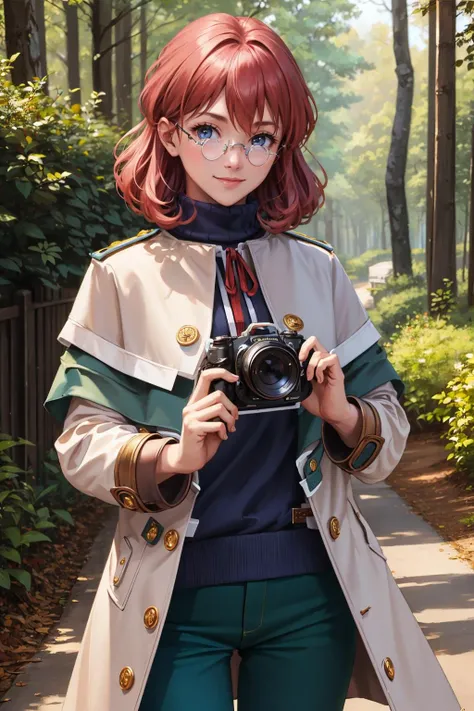 masterpiece, best quality, <lora:dorothy-nvwls-v1-000008:0.9> dorothy hyatt, glasses, coat, blue turtleneck sweater, green pants, smile, forest, looking at viewer, holding camera, upper body