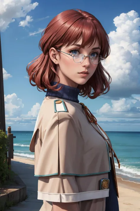 masterpiece, best quality, <lora:dorothy-nvwls-v1-000008:0.9> dorothy hyatt, glasses, coat, blue turtleneck sweater, upper body, from side, looking at viewer, lips, confused, village, seaside, sky, clouds