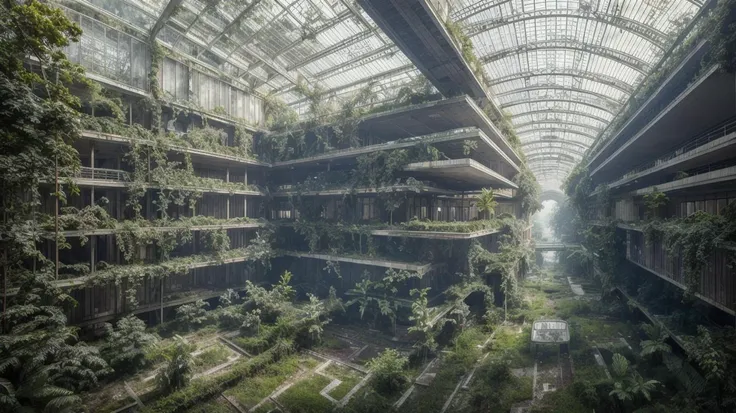 abandoned building, shopping mall, overgrown with vegetation, high quality, high resolution, extreme detail, masterpiece, intricate details, [volumetric fog], cinematic lighting, photographed on a Canon EOS R5, 50mm lens, F/2.8, HDR, 8k resolution, colorful