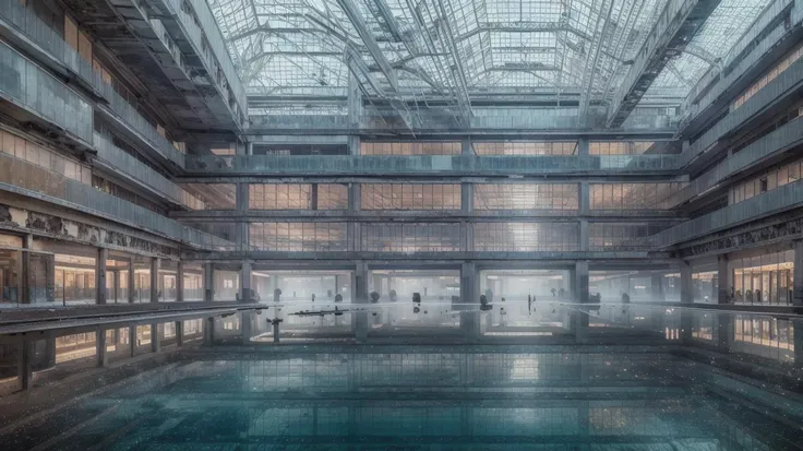 abandoned building, shopping mall, underwater, high quality, high resolution, extreme detail, masterpiece, intricate details, [volumetric fog], cinematic lighting, photographed on a Canon EOS R5, 50mm lens, F/2.8, HDR, 8k resolution, colorful