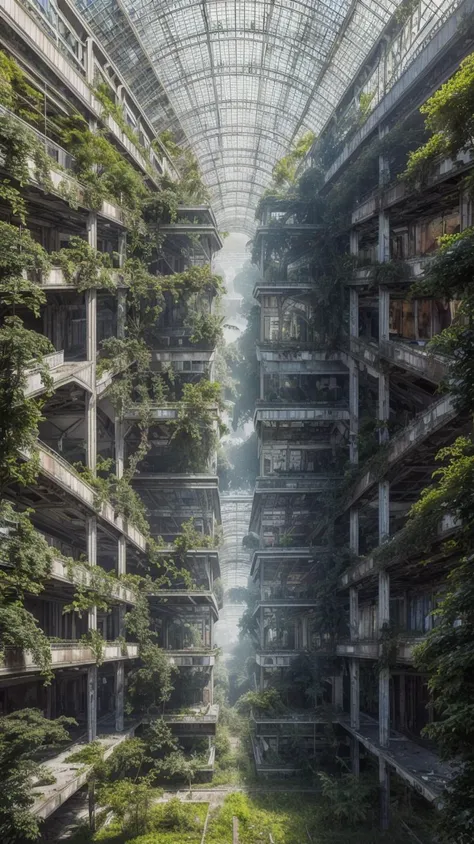 abandoned building, shopping mall, overgrown with vegetation, high quality, high resolution, extreme detail, masterpiece, intricate details, [volumetric fog], cinematic lighting, photographed on a Canon EOS R5, 50mm lens, F/2.8, HDR, 8k resolution, colorful