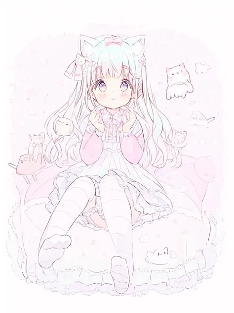 1gil,cat grl,cat, fllbody,shy,white thighhighs,
(pastel color.1.5),(cute ilustration:1.5),(watercolor.1 .2),white back ground,