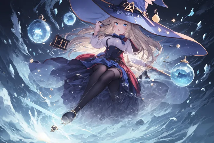 official art,best quality,[:oil painting \(medium\), :0.35](wide shot:1.2),1girl,solo,full shot,long blonde hair,(one side up),blue eyes,large breasts,(witch girl,black witch hat),blue sailor collar,white serafuku,high school uniform,(above clouds:1.12),(transparent white thighhighs:1.12)+(see-throungh:1.11),red bowtie, hair white-ribbon,(girl riding on a magic broom:1.2), (broom riding,witch,magic broom:1.2), (dynamic pose,knees up:0.8),potion on clothes,flask, carafe,spelling magic,multi-element magic with fire with ice with wind with electricity,releasing super powerful magic,maho,