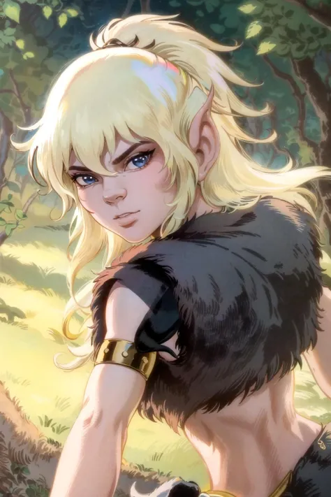 <lora:Elfquest_Cutter-24:0.85> cutter, brown fur vest, looking at viewer, dynamic pose, forest glade, night, high contrast, sharp focus, masterpiece, best quality, highly detailed, HDR, highest quality, highres, sharp focus, 8k, 16k, skin pores, dynamic lights, realistic shadows, best shading, award winning masterpiece