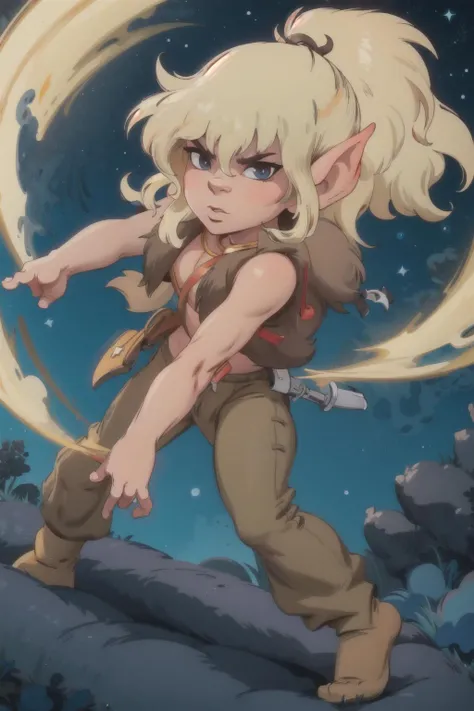 <lora:Elfquest_Cutter-24:0.85> cutter, brown fur vest, midriff, chibi, fullbody, looking at viewer, starry sky, serious, dynamic pose, night, high contrast, sharp focus, masterpiece, best quality, highly detailed, HDR, highest quality, highres, sharp focus, 8k, 16k, skin pores, dynamic lights, realistic shadows, best shading, award winning masterpiece