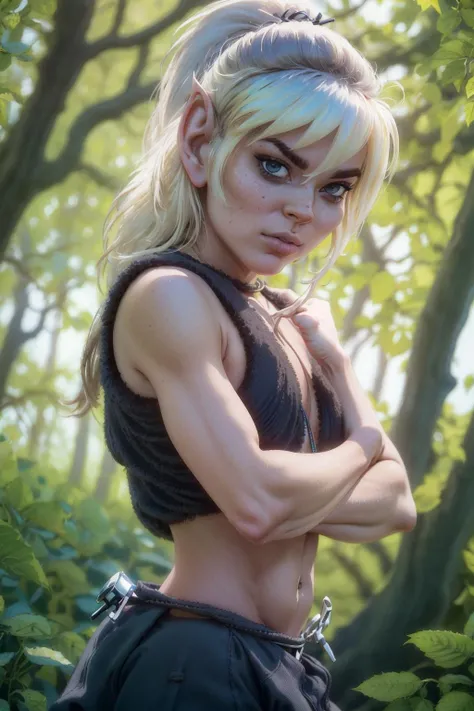 <lora:Elfquest_Cutter-34:0.8> cutter, arms crossed, midriff, looking at viewer, dynamic pose, forest glade, high contrast, sharp focus, masterpiece, best quality, highly detailed, HDR, highest quality, highres, sharp focus, 8k, 16k, skin pores, dynamic lights, realistic shadows, best shading, award winning masterpiece