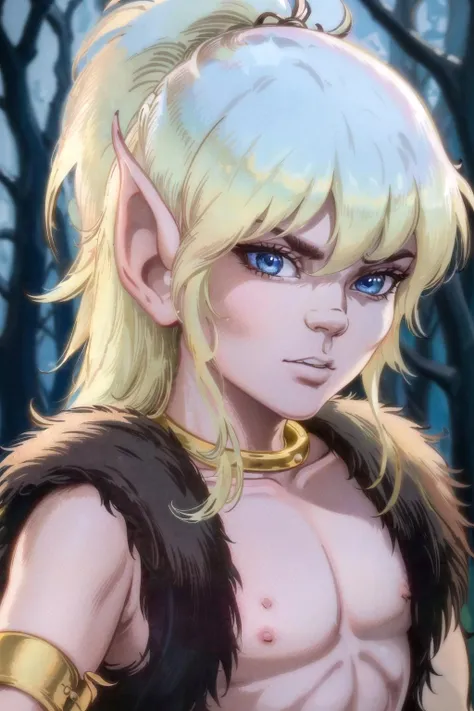 <lora:Elfquest_Cutter-24:0.85> cutter, brown fur vest, looking at viewer, dynamic pose, forest glade, night, high contrast, sharp focus, masterpiece, best quality, highly detailed, HDR, highest quality, highres, sharp focus, 8k, 16k, skin pores, dynamic lights, realistic shadows, best shading, award winning masterpiece