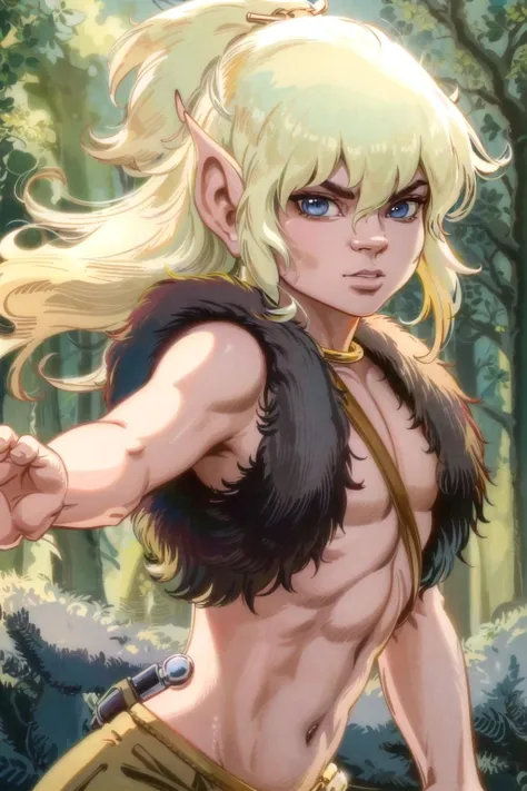 <lora:Elfquest_Cutter-24:0.85> cutter, midriff, looking at viewer, dynamic pose, forest glade, high contrast, sharp focus, masterpiece, best quality, highly detailed, HDR, highest quality, highres, sharp focus, 8k, 16k, skin pores, dynamic lights, realistic shadows, best shading, award winning masterpiece
