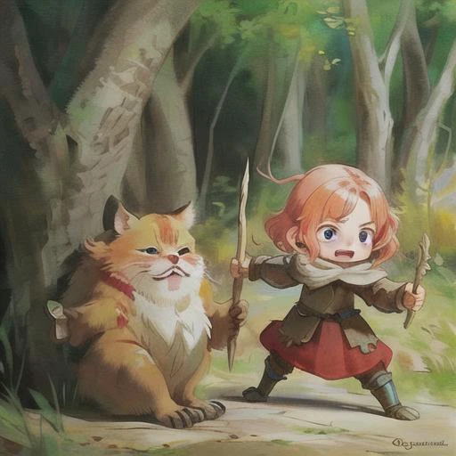 Medieval fantasy character holding wood Weapom,A angry girl,battle scene , close-up ,Cute Cartoon, CuteCartoonAF, best quality, Trending on Artstation, masterpiece