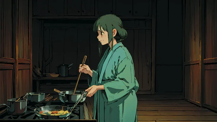 A 75-year-old short and sturdy woman with deep brown eyes, (wearing a dark green robe), and a wedding ring
(1girl:1.5),(indoor),(cooking),(night),only one
ghibli style , <lora:ghibli_style_offset:0.9>
masterpiece, best quality