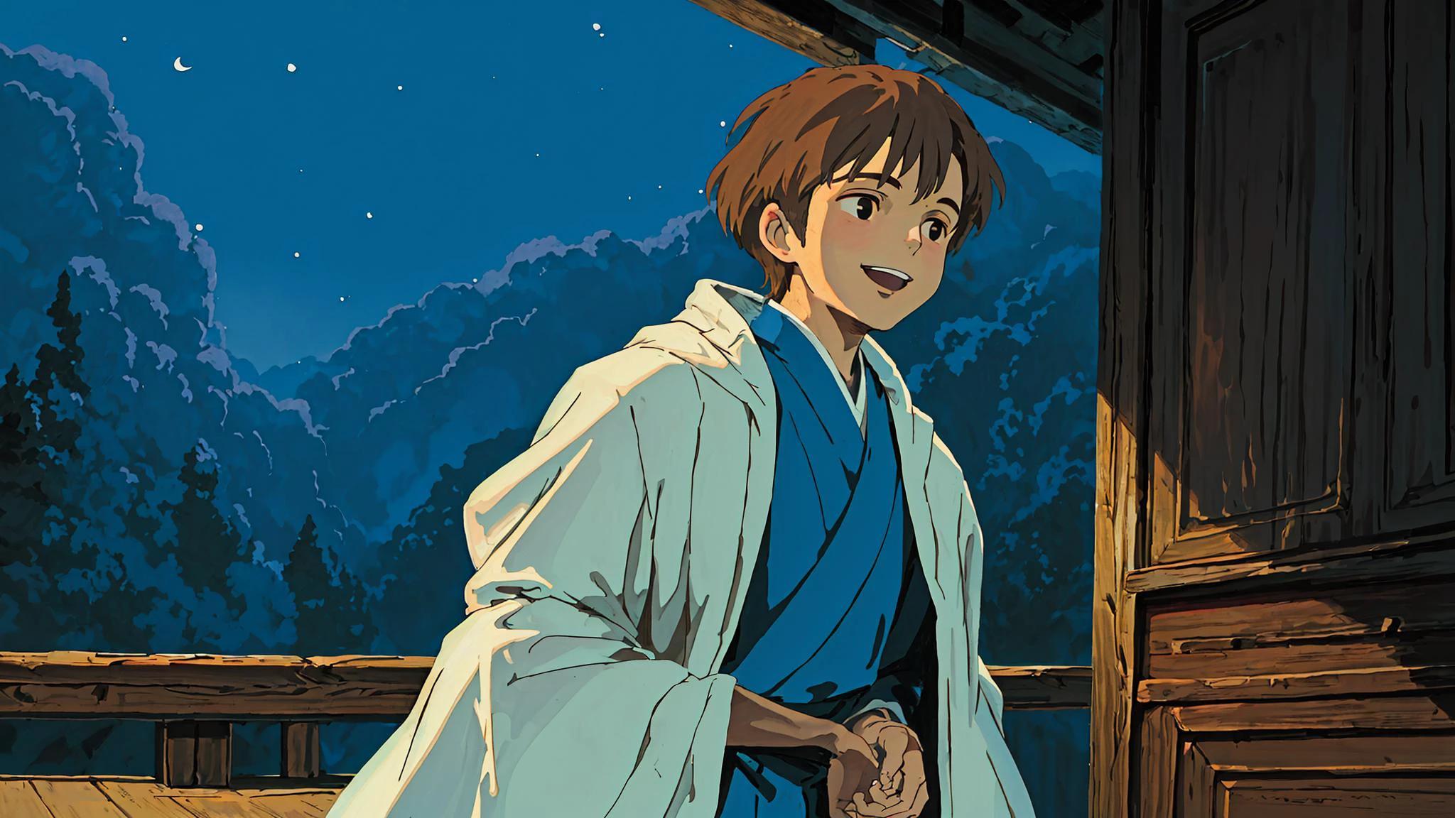(indoor),((night)),Warm light, food
(1boy),(solo,A young man,well built, smile,black eyes, deep blue mage's robe ,Medium-length brown hair,1.75 meters tall)
(close-up),from_front,face_focus,Warm light,
ghibli style , <lora:ghibli_style_offset:0.9>,masterpiece, best quality