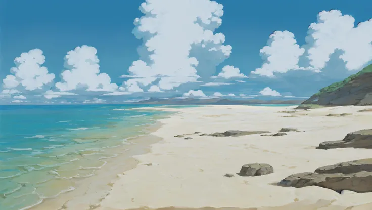 deserted small islands, cozy beach, big clouds, wide shot, concept, generative art, clear sky, background art