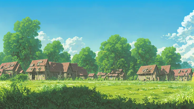 plains, small solarpunk village, solar panels, wind turbines, overgrown plants, concept, generative art, clear sky, background art