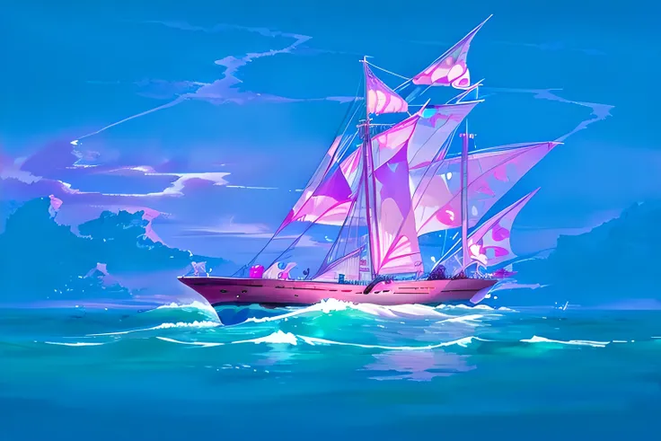 hypnotic night scene on an alien ocean world, crystal blue and green water under a purple and magenta sky full of luminous clouds, a retro-futuristic solar ship glides on the sea, its panel-covered sails glisten in the light, tranquil, peaceful scene, glowing living shapes beneath the water, inspired by AIVAZOVSKY and HOKUSAI