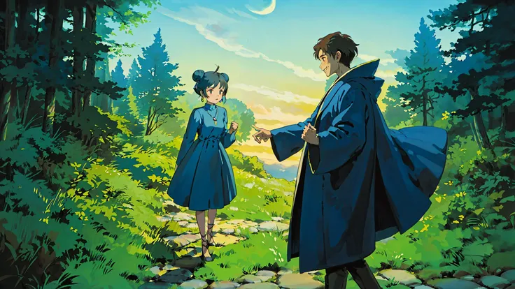 1girl and 1boy,Take a walk in the forest,night
AND 1girl and 1boy,Take a walk in the forest,night,(1girl),(A young woman of medium height and slim build, with soft brown eyes, a light blue loose cotton dress, her black hair neatly tied up into a high bun with a blue ribbon, Earrings, Pendant,jewelry, medium breasts)
AND 1girl and 1boy,Take a walk in the forest,night,(1boy ),(A young man of medium height, well built, smile, He has black eyes, dons a deep blue mage's robe ,Medium-length brown hair)
(close-up:1.5), moon,
ghibli style ,<lora:ghibli_style_offset:0.9> ,masterpiece, best quality,