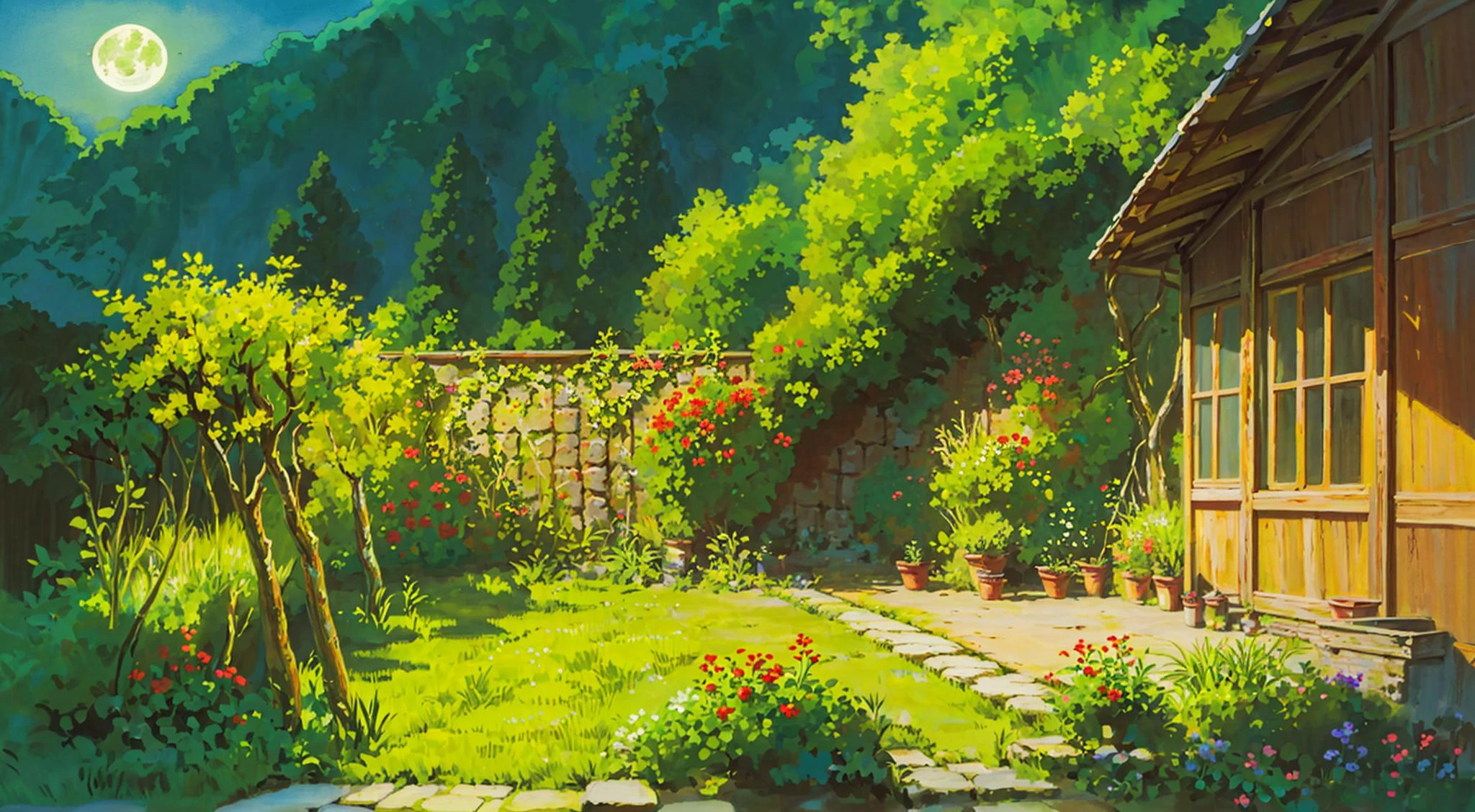 (house),Wood, dark yellow, red tiles, moss, ivy, small balcony, wooden chair, small table, tiny garden, herbs, wildflowers,
(night:1.3),(landscape:1.3),moon
masterpiece, best quality,