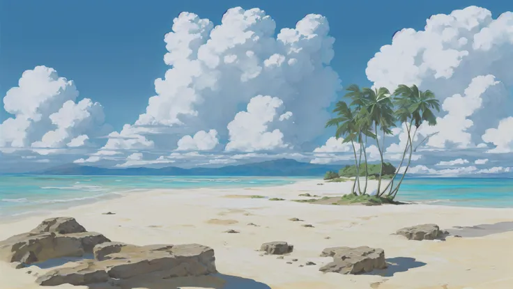 deserted small islands, cozy beach, big clouds, wide shot, concept, generative art, clear sky, background art