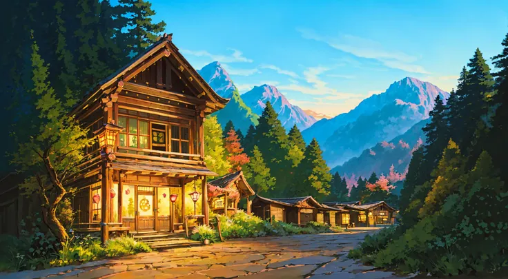 landscape, highly_detailed, extremely_detailed_CG_unity_8k_wallpaper, highres, absurdres, High saturation, architecture, bridge, cloud, day, holding, lantern, mask, mountain, outdoors, pagoda, paper_lantern, scenery, panorama, illustration, high quality
(night),1house