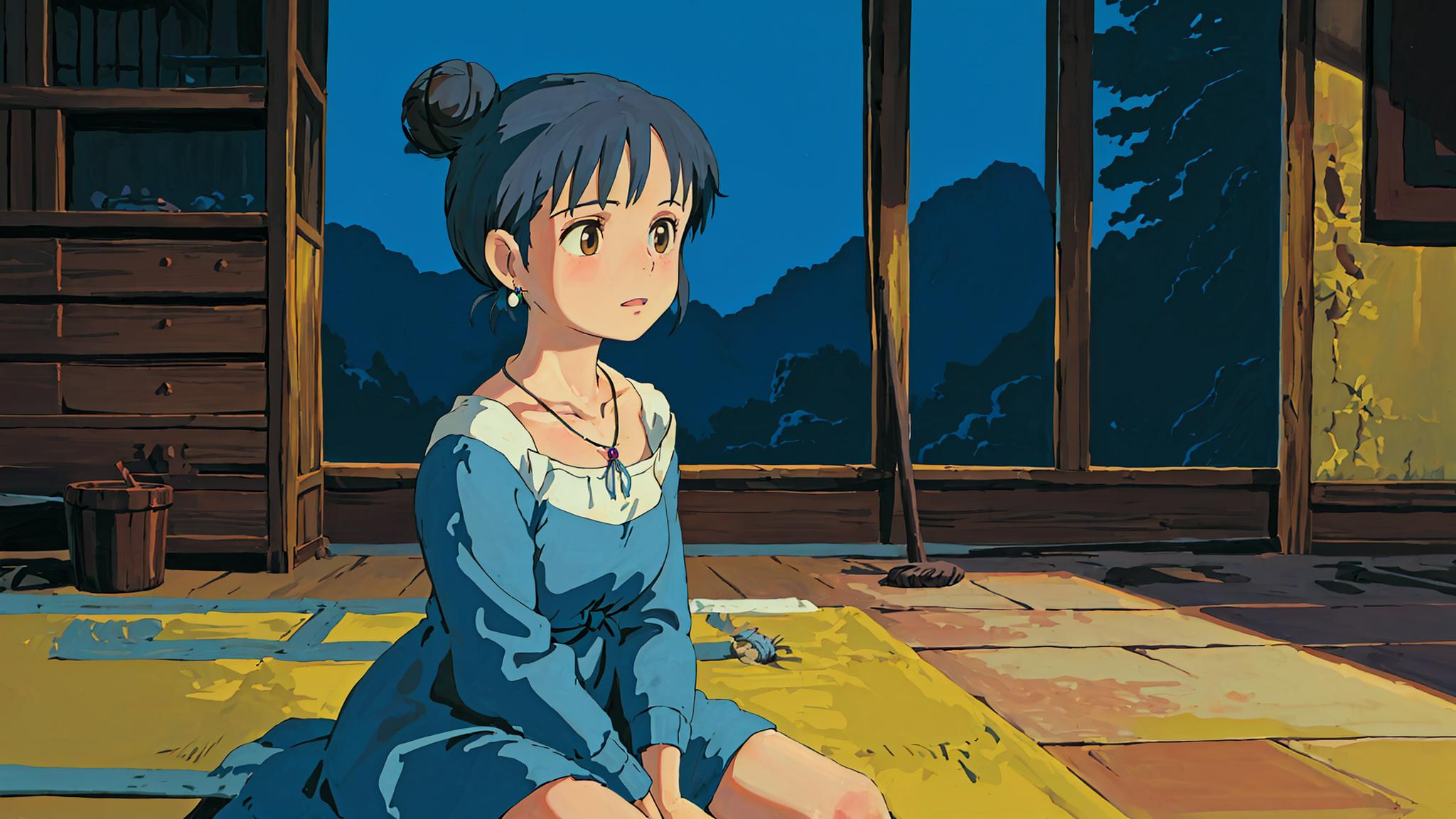 Anime girl sitting on the floor in front of a window - SeaArt AI