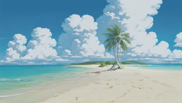 deserted small islands, cozy beach, big clouds, wide shot, concept, generative art, clear sky, background art