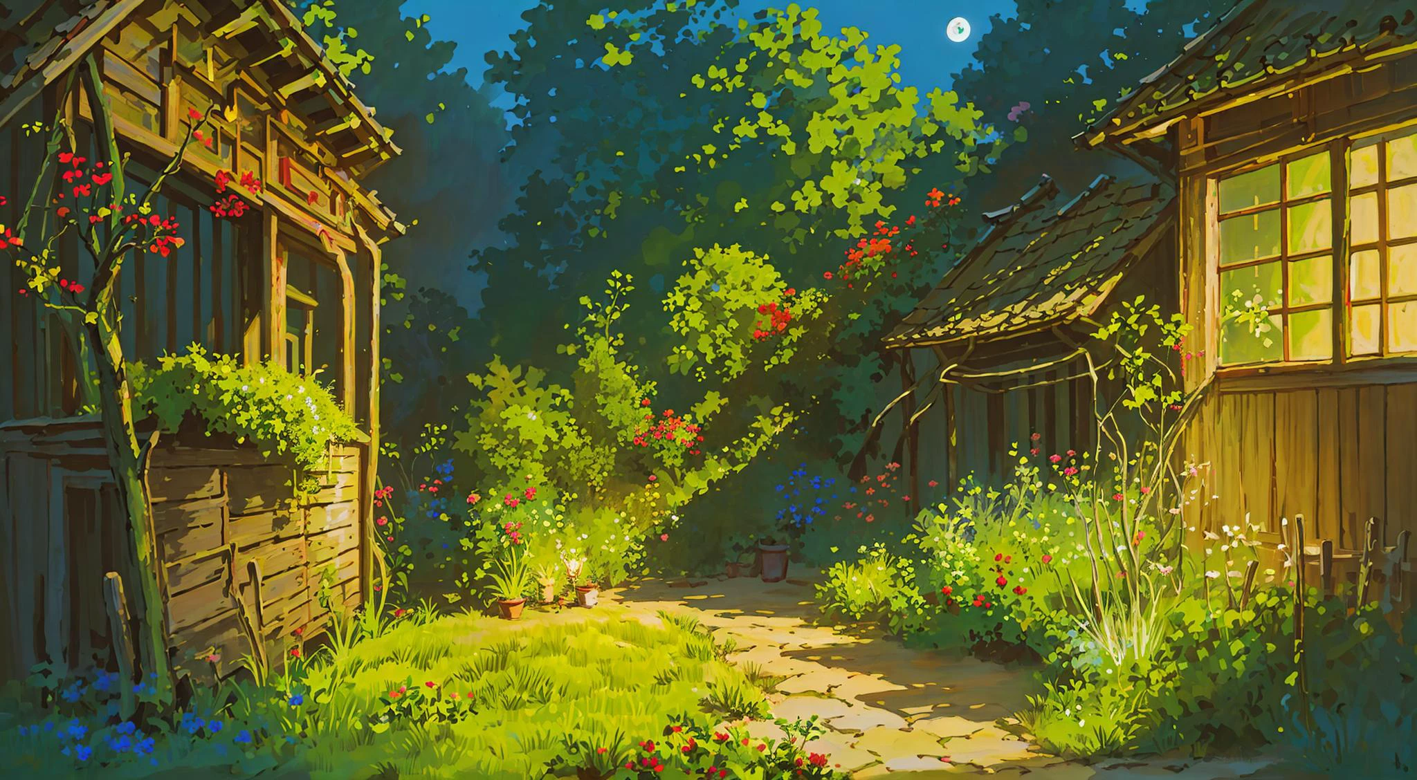 (house),Wood, dark yellow, red tiles, moss, ivy, small balcony, wooden chair, small table, tiny garden, herbs, wildflowers,Lighting
(night:1.3),(landscape:1.3),moon
masterpiece, best quality,